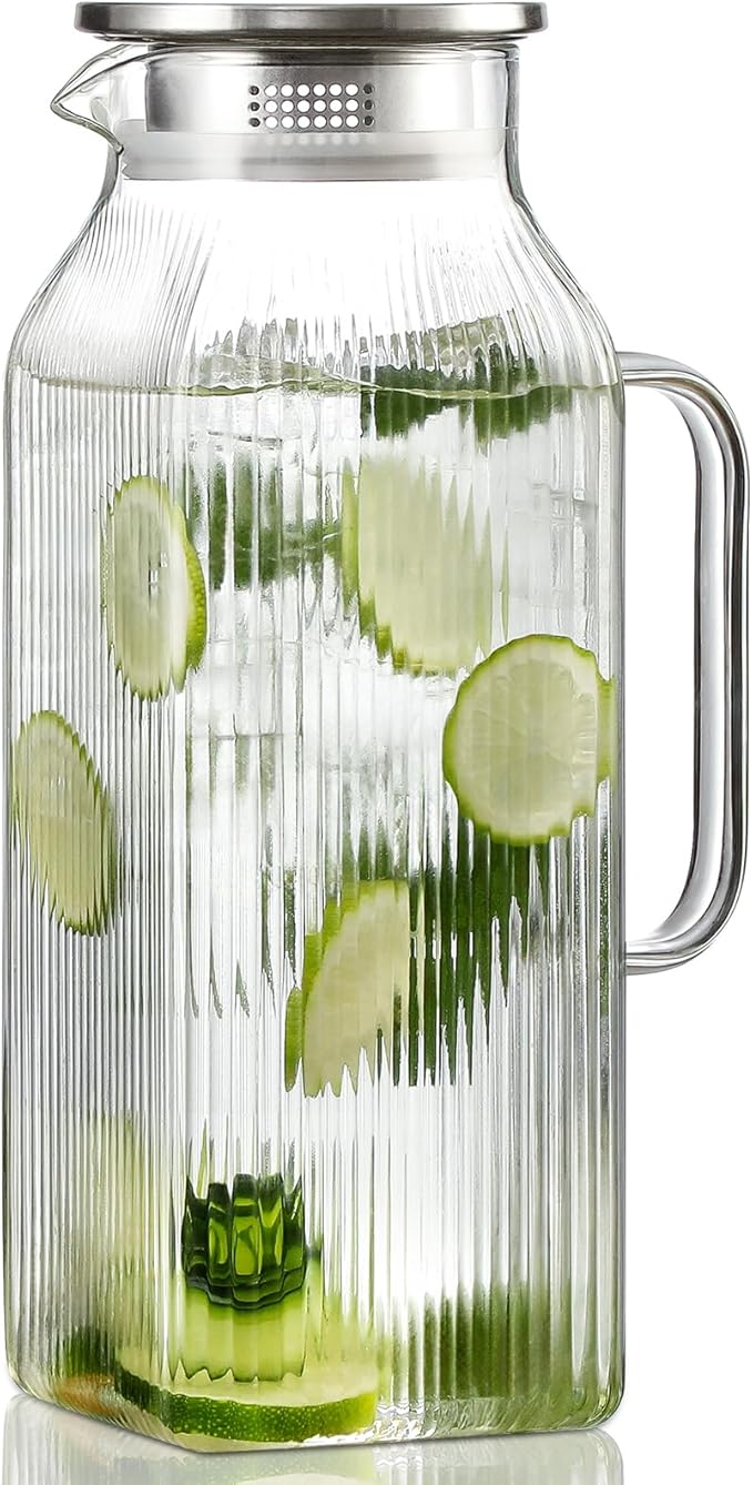 2 Liter/68 oz Square Glass Pitcher with Lid, Classic Stripes Water Pitchers with Handle for Fridge, Large Jug for Iced Tea, Coffee, Borosilicate Glass Carafe for Hot/Cold Brew Drink, Silver by Unknown