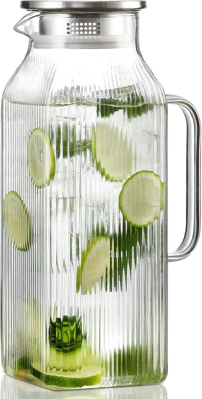 2 Liter/68 oz Square Glass Pitcher with Lid, Classic Stripes Water Pitchers with Handle for Fridge, Large Jug for Iced Tea, Coffee, Borosilicate Glass Carafe for Hot/Cold Brew Drink, Silver by Unknown