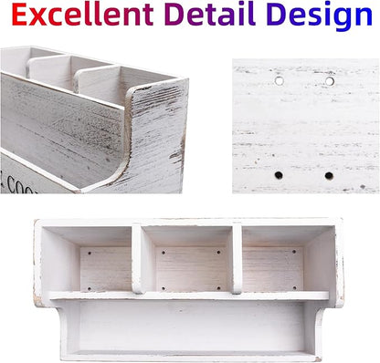 LIBODOUR Utensil Holder,Utensil Holder Kitchenfor Counter,Cooking Spatula Organizer With 4 Compartments,Farmhouse Wooden Storage Rustic Flatware Spoon Tool Organizer(White Grain)