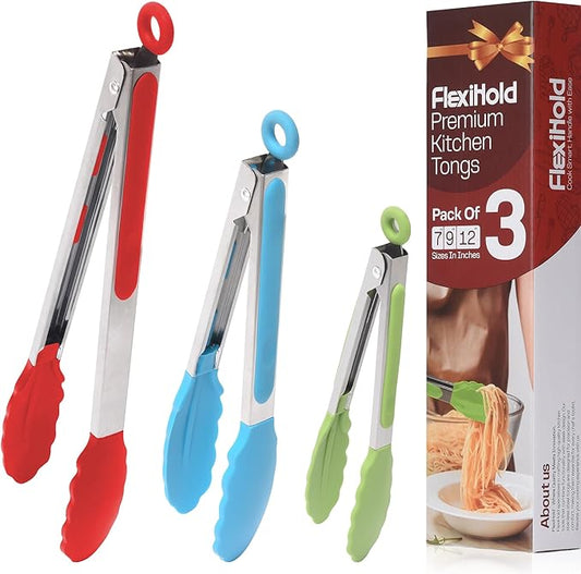 Pack of 3 Stainless Steel Kitchen Tongs with Silicone Tips – Non-Stick Cooking, Grilling & BBQ Tongs for Serving, Dishwasher Safe, 7", 9" & 12" (Pack of 3 Multi-Color)