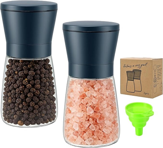 R DRURLCD Stone Blue Salt and Pepper Grinder Set of 2 - Manual Glass & Stainless Steel Mills, Adjustable Coarseness Spice Grinders with Ceramic Blades for Kitchen Decor & Outdoor Use