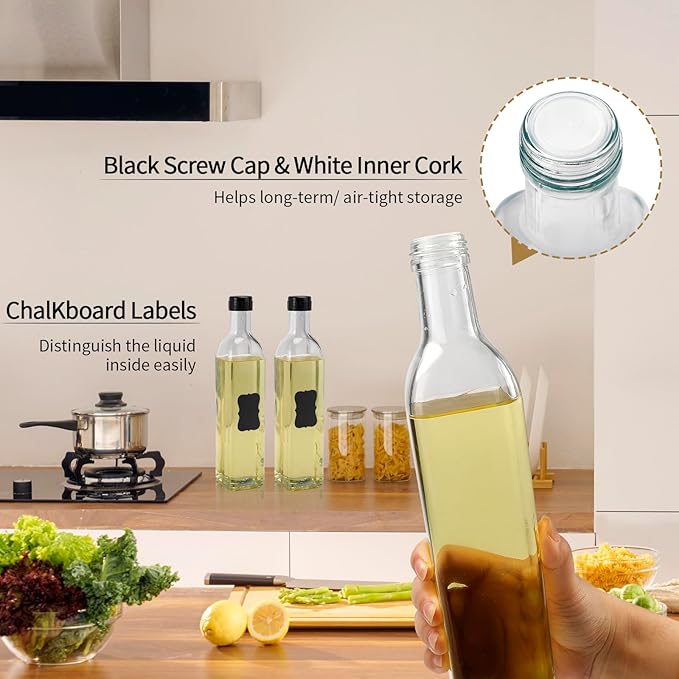 BAKHUK 4 Pack 17oz Olive Oil Dispenser Bottles, 500ml Clear Glass Vinegar Cruet with Pourers and Funnel for Kitchen - Image 4