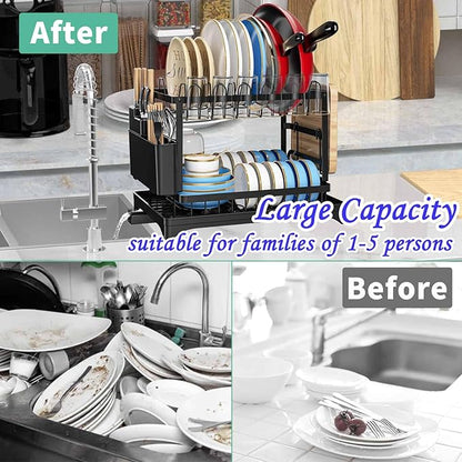 XLMYS Dish Drying Rack, 2 Tier Large Dish Drying Rack for Kitchen Counter with Drainboard Stainless Steel Dish Drainer for Dish/Knifes/Cup/Cutting Board, Black - Image 4