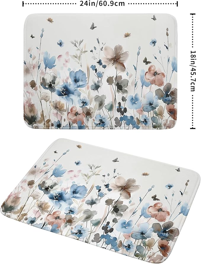 Giwawa Watercolor Floral Dish Drying Mat, 18"x24" Blue Grey Brown Flowers Kitchen Drainer Mats, Spring Summer Wildflower Microfiber Large Dish Drying Pad for Countertop Tabletop Decoration