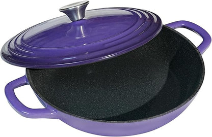Flavehc Braiser Enameled Cast Iron Braiser 3 qt Braiser Pan with Lid Purple Shallow Cast Iron Casserole Braiser Pan with Handels