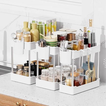 3 Pack Under Sink Organizers and Storage, 2 Tier Bathroom Cabinet Organizer Shelf with Hanging Cups for Kitchen & Bathroom (White) - Image 4