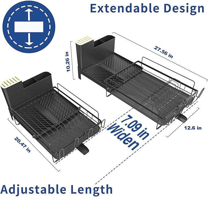 Runnatal Dish Drying Rack Extendable, Large Dish Rack with Drainboard, Utensil Holder, Cup Holder, Expandable Dish Drainer for Kitchen Counter, 20.5"-27.6" L x 12.6" W - Image 2