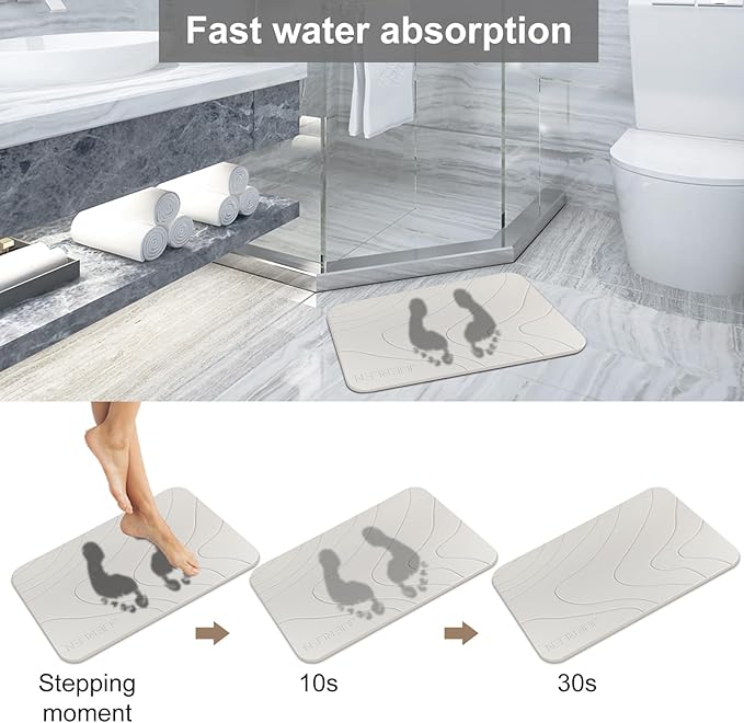 JUERLEN 2 Pack Diatomaceous Earth Shower Mat, Stone Bath Mat, Nonslip Super Absorbent Fast-Drying Hard Bath Mat for Bathroom Shower Floor, 24 x 16 inch, Pallid Wave Design
