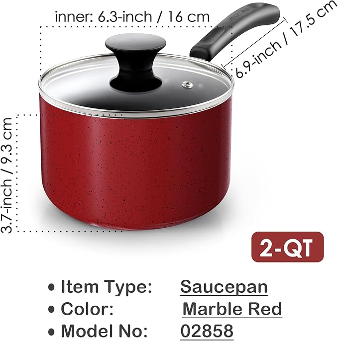 Cook N Home Non Stick Sauce Pan, 2 Quarts Saucepan with Glass Lid, Nonstick Small Multi-purpose Pot, Milk Chocolate Aluminum Cooking Pot Pan with Stay-Cool Handle, Marble Red - Image 2