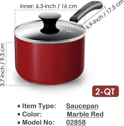 Cook N Home Non Stick Sauce Pan, 2 Quarts Saucepan with Glass Lid, Nonstick Small Multi-purpose Pot, Milk Chocolate Aluminum Cooking Pot Pan with Stay-Cool Handle, Marble Red - Image 2