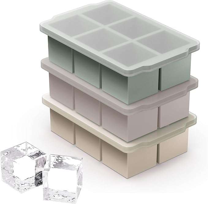 VLM 3 Packs Large Ice Cube Molds with Stackable Lid,Silicone Ice Cube Tray for Freezer,Big Square Ice Tray for Whiskey,Cocktails,Bourbon and Soups (Set 2) by VLM