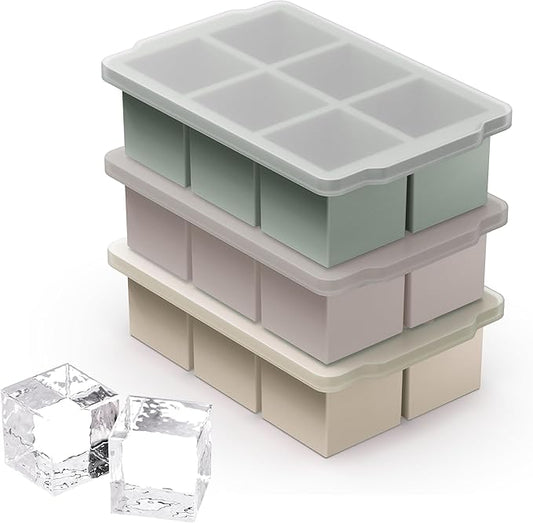 VLM 3 Packs Large Ice Cube Molds with Stackable Lid,Silicone Ice Cube Tray for Freezer,Big Square Ice Tray for Whiskey,Cocktails,Bourbon and Soups (Set 2) by VLM