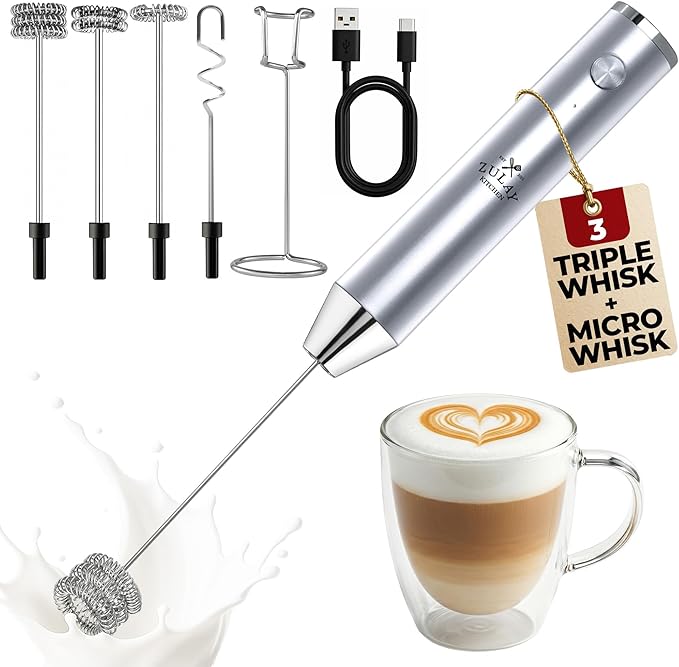 Zulay Kitchen Rechargeable Milk Frother Handheld - Lux 4 Whisks, Powerful 2-Speed Motor, Waterproof, 2000mAh Battery - Drink Mixer for Latte, Cappuccino, Matcha & Protein Powder - Silver by ZulayKitchen