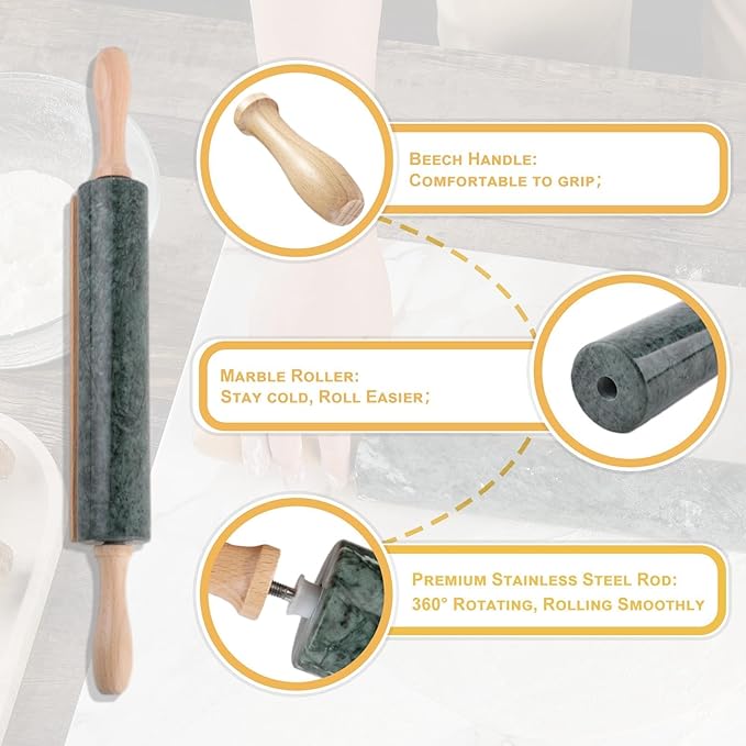 Koville Marble Rolling Pin, Non-Stick Stone Dough Roller, Rolling Pin for Baking,Pasta, Dumpling, Ravioli, Fondant,Pie Crust, Kitchen Baking Pastry Tools - Image 3