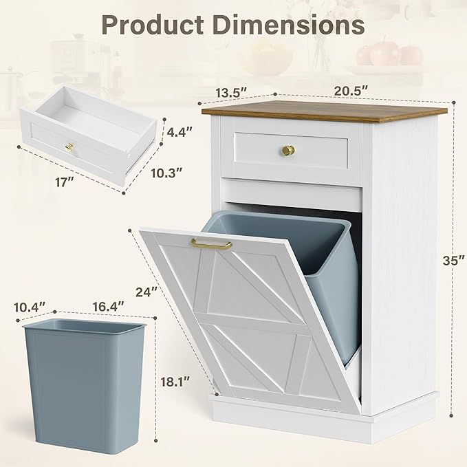 YESHOMY 10 Gallon Tilt-Out Trash Cabinet, Wooden Hidden Garbage Can Holder with Storage Drawers for Kitchen and Dining Room, White (2 Piece)