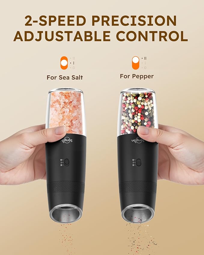 Sangcon 2-Speed Gravity Electric Salt and Pepper Grinder Set RECHARGEABLE, Automatic Salt Pepper Shakers with Charging Base - LED Light One Hand Operated, External Adjustable Coarseness Pepper Mill - Image 2