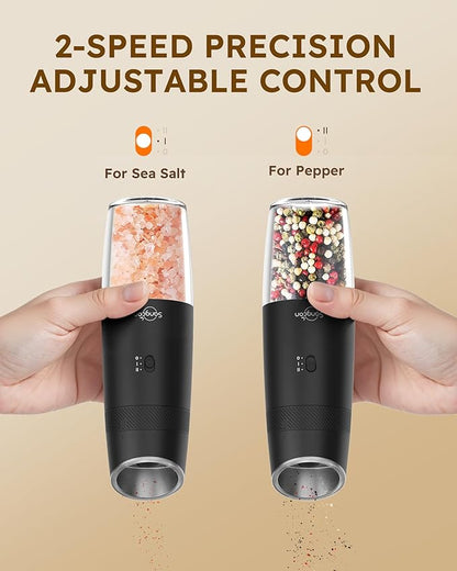Sangcon 2-Speed Gravity Electric Salt and Pepper Grinder Set RECHARGEABLE, Automatic Salt Pepper Shakers with Charging Base - LED Light One Hand Operated, External Adjustable Coarseness Pepper Mill - Image 2