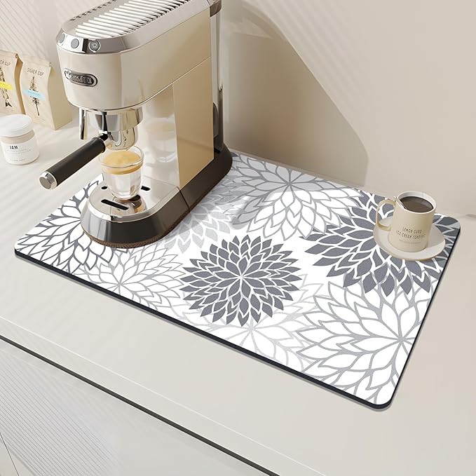 Findosom 2PCS 16" x 24" Dish Drying Mat & 24" x 5.5" Sink Splash Guard, Super Absorbent & Cuttable Dish Mat Drying Kitchen Mat with Gray Floral, Hide Stain Drying Mat for Kitchen Counter - Image 4