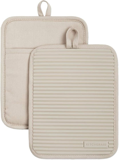 KitchenAid Ribbed Soft Silicone Pot Holder 2-Pack Set, Milkshake Tan, 7"x9" by KitchenAid