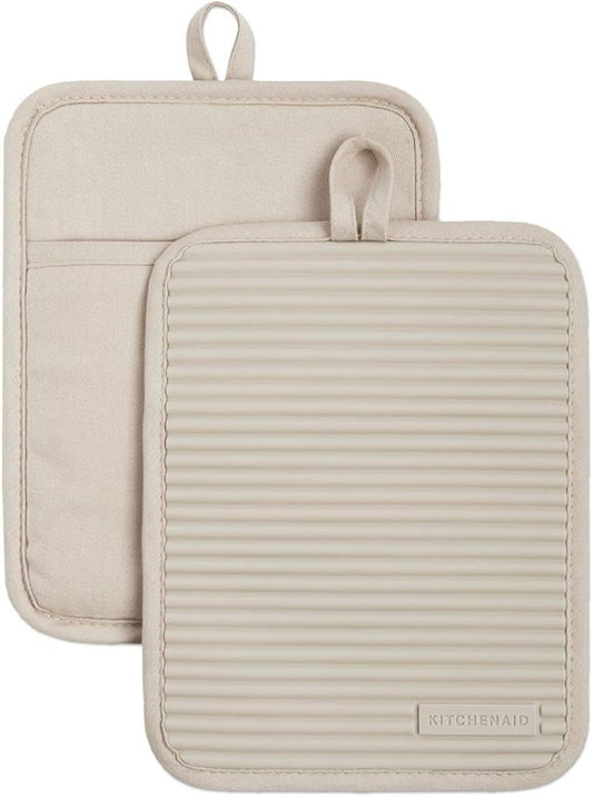 KitchenAid Ribbed Soft Silicone Pot Holder 2-Pack Set, Milkshake Tan, 7"x9" by KitchenAid