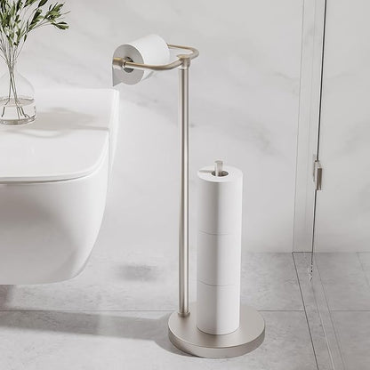 RARXTR Toilet Paper Holder Stand, Post Pivoting Design Free Standing Toilet Paper Holder with Storage for 4 Rolls, SUS304 Stainless Steel Tissue Holder with Reserve, Heavy-Duty Base (Brushed Nickel)