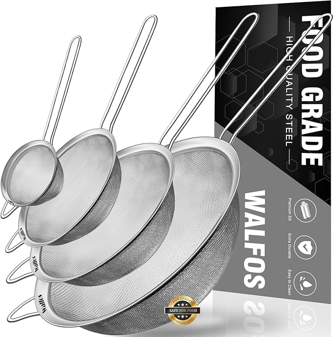Walfos Extra Fine Mesh Strainer Set of 4-9.35", 6.95", 4.6", 2.7", Stainless Steel 30 Mesh Sieve with Sturdy Handle, Kitchen Food Strainers Sifters for Quinoa, Pasta, Fruits, Vegetables, Rice, Tea by Walfos