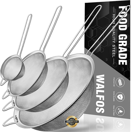 Walfos Extra Fine Mesh Strainer Set of 4-9.35", 6.95", 4.6", 2.7", Stainless Steel 30 Mesh Sieve with Sturdy Handle, Kitchen Food Strainers Sifters for Quinoa, Pasta, Fruits, Vegetables, Rice, Tea by Walfos