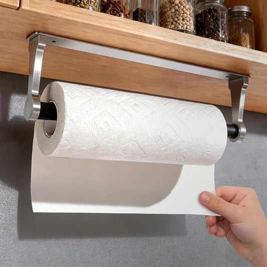 Paper Towel Holder Wall Mount Adhesive Paper Towel Holder Under Cabinet Toilet Roll Hanging Holders Rack for Kitchen Bathroom Garage Counter, Anti-Drop Upgraded Telescopic Rod Design Roll, Silver