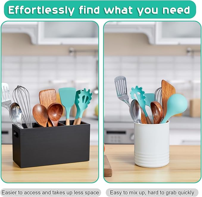 ALELION Black Kitchen Utensil Holder for Countertop - Wooden Large Utensil Caddy Organizer for Counter - 3 Compartment Cooking Utensil Crock for Silverware Spoon Spatula - Image 3