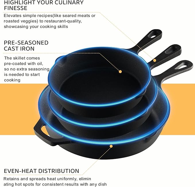 EWFEN Cast Iron Skillet 3-Piece Set, Heavy-Duty Professional Restaurant Chef Quality Pre-Seasoned Pan Cookware Set, 6", 8", 10" Pans For Frying, Saute, Cooking, Use Indoor/Outdoor, Oven, Grill - Image 7