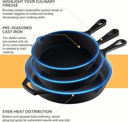 EWFEN Cast Iron Skillet 3-Piece Set, Heavy-Duty Professional Restaurant Chef Quality Pre-Seasoned Pan Cookware Set, 6", 8", 10" Pans For Frying, Saute, Cooking, Use Indoor/Outdoor, Oven, Grill - Image 7