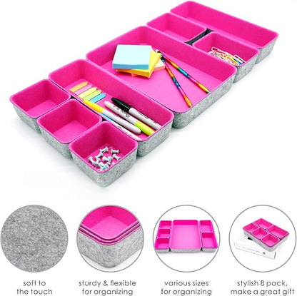 Welaxy Desk Drawer Organizer Tray Set, 8-Piece Office Drawer Organizers for Pens, Makeup, Keys, Crafts, Entryway Catchall, Decluttering Storage (Hot Pink) - Image 4