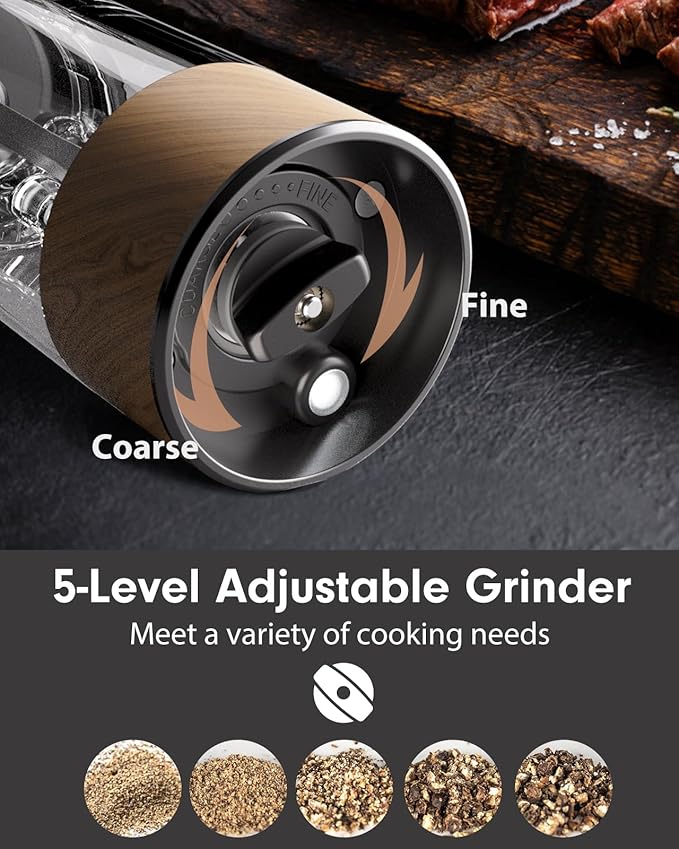 TOMEEM Upgraded Larger Capacity Electric Salt and Pepper Grinder Set Rechargeable with LED lights, Stainless Steel Automatic Pepper and Salt Grinder Refillable with 5 Adjustable Coarseness Wood Grain - Image 4