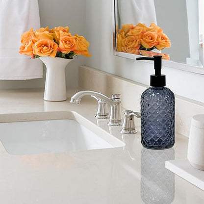 Glass Dish Soap Dispenser for Kitchen, 13.5oz Refillable Liquid Hand Soap Dispenser Set, Crystal Lotion Bottle for Modern Home Decor, Bathroom Countertop, Hotel(Blue Grey)