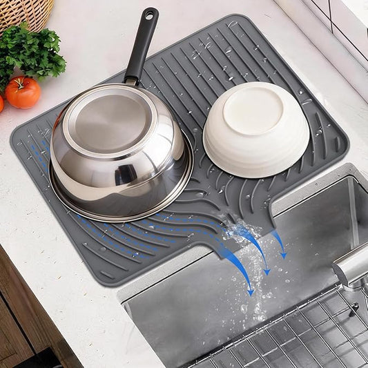 JACZZO Silicone Dish Drying Mat for Kitchen Counter, 19.7" x 17.2" Large Drying Mat with Built-in Drain Lip, Heat Resistant Countertop Protector Pad, Fast Drying & Easy Clean, Grey by JACZZO
