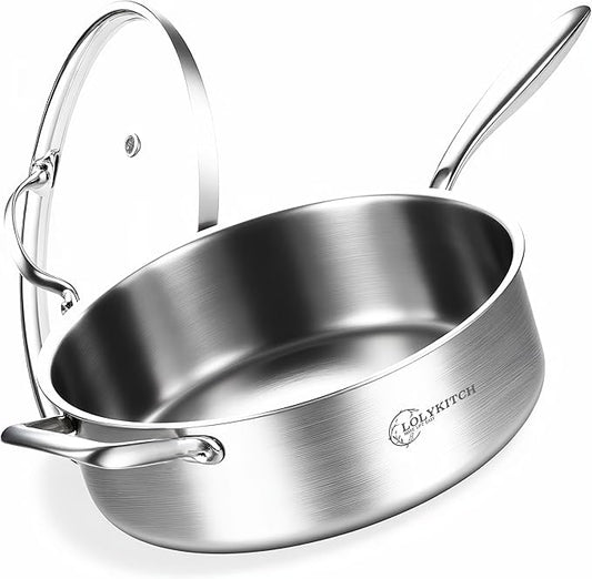 LOLYKITCH 7 QT Tri-Ply Stainless Steel Sauté Pan with Lid,12 Inch Deep Frying pan,Large Skillet,Jumbo Cooker,Induction Cooking Pan,Oven Safe and Detachable Handle. by LolyKitch