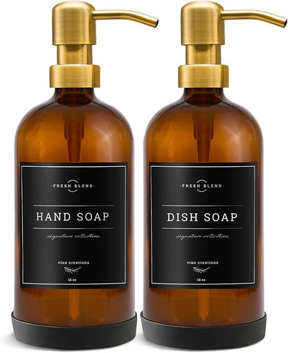 Vine Creations Amber Glass Soap Dispenser, 2 Pack Kitchen Soap Dispenser Set with Stainless Steel Pump, 16 oz Dish Soap and Hand Soap Dispensers for Bathroom with Waterproof Labels - Image 7