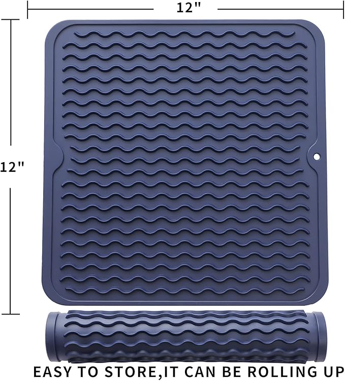 MicoYang Silicone Dish Drying Mat for Multiple Usage,Easy clean,Eco-friendly,Heat-resistant Silicone Mat for Kitchen Counter or Sink,Refrigerator or Drawer liner Navy Blue M 12 inches x 12 inches - Image 2