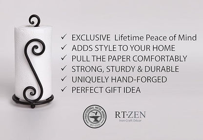 RTZEN Matte Black Paper Towel Holder Countertop - Decorative Farmhouse Paper Towel Roll Holder - Rustic Metal Modern Stand for Kitchen or Bathroom (Swirl)
