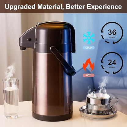 PARACITY Upgraded Airpot Coffee Carafe with Double Pump, Stainless Steel Drink Dispenser for Hot/Cold Beverage with Lazy Susan Base for Hot Cocoa for Parties (2 Pack - Gold Brown, 84.5 Ounces)