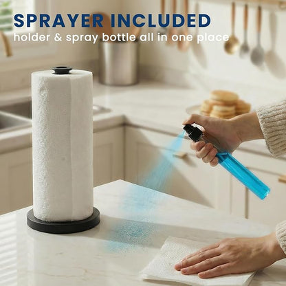 2 in 1 Paper Towel Holder with Spray Bottle, Countertop Paper Towel Holder with Weighted Base, Stainless Steel Paper Towel Roll Holder Black for Kitchen, Bathroom (Black)