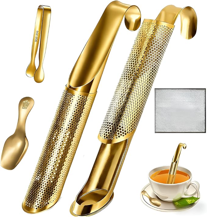 2 Pcs Tea Infuser with Hook Handle, Tea Diffusers for Loose Tea, Tea Steeper Stainless Steel Tea Strainers & Filters with Teaspoon Tea-tweezers Steel Wire Cloth(gold)
