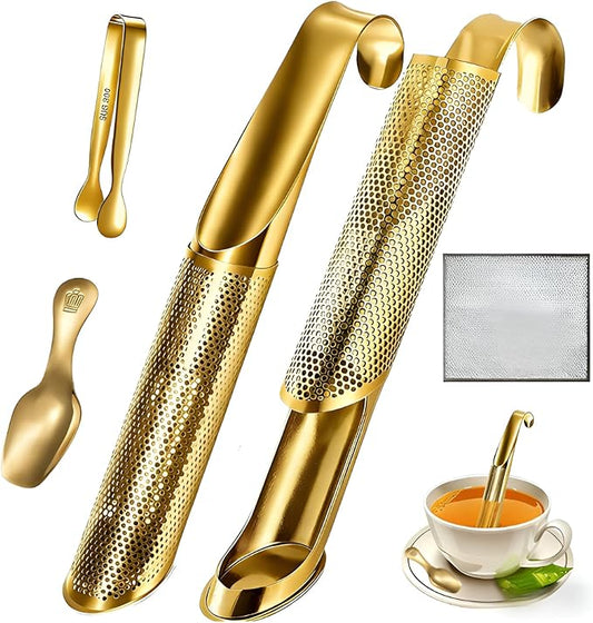 2 Pcs Tea Infuser with Hook Handle, Tea Diffusers for Loose Tea, Tea Steeper Stainless Steel Tea Strainers & Filters with Teaspoon Tea-tweezers Steel Wire Cloth(gold)