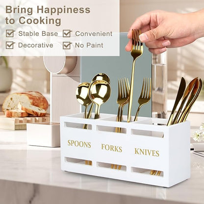 Ayiaren Wood Flatware Silverware Caddy White Cutlery Holder Kitchen Utensils Holder for Party Wooden Silverware Organizer for Countertop Knife Spoon and Fork Holder Table Utensil Caddy Organizer - Image 3