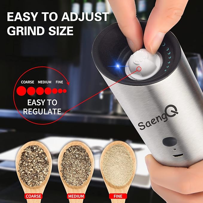 Gravity Electric Salt and Pepper Grinders refillable 1 Pack,USB Rechargeable Kitchen Electric Pepper Grinder with Light - Gravity Switch, Coarseness Adjustable Tall Glass Salt and Pepper Grinder - Image 3