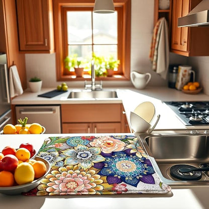 Boho Drying Mat 16" X 18" Boho Flower Kitchen Counter Stone Large Dish Drying Mats For Kitchen Counter Abstract Boho Floral Drying Mats For Home Counter Drying Mats For Dishes Table Mat Drying Mat - Image 3