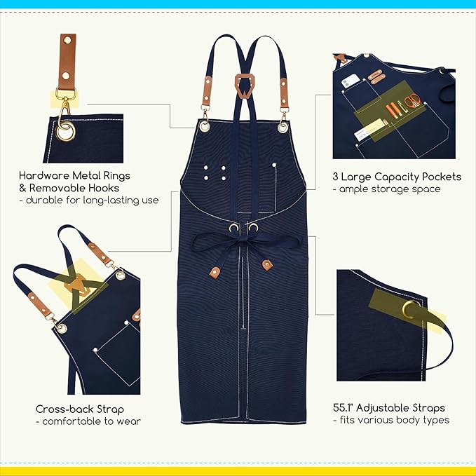 MEEDEN Painting Apron for Men Women: Adjustable Cross Back Waterproof Polyester Canvas Art Apron with 3 Pockets - Artist Apron for Acrylic Oil & Watercolor Painting, Gardening, Cooking - Navy