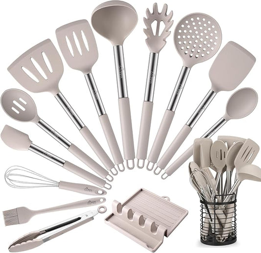 HOTEC 446°F Heat Resistant Silicone Kitchen Utensils, Cooking Utensil Set, Spatula Set, BPA Free, Kitchen Gadgets, With Stainless Steel Utensils Holder, Dishwasher Safe 14pcs Khaki by Hotec