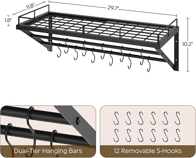 YATINEY Pot Rack, 30 Inch Wall Mounted Pot Rack, Kitchen Pot and Pan Organizer with 2 Tier Hanging Rails, 12 S-Hooks, Space Saving, for Kitchen Cookware Organizer, Black PR02BK - Image 3