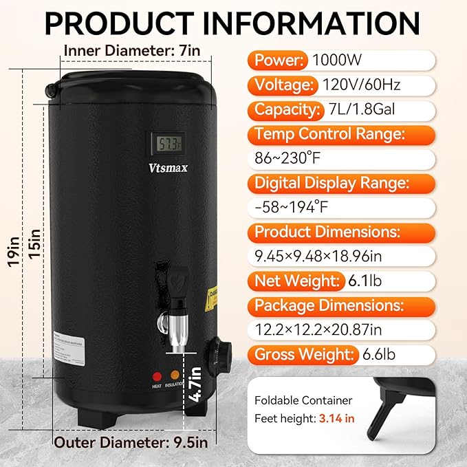 Electric Insulated Beverage Dispenser with Stand 2 Gallon Hot & Cold Drink Dispenser 86-230℉ Adjustable Temperature Real-Time Temperature Display for Tea and Coffee (Black) - Image 8